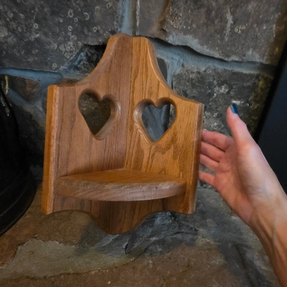 Vintage Oak Wood Corner Shelf Heart Cutouts Cottagecore Wall Mount Made in USA